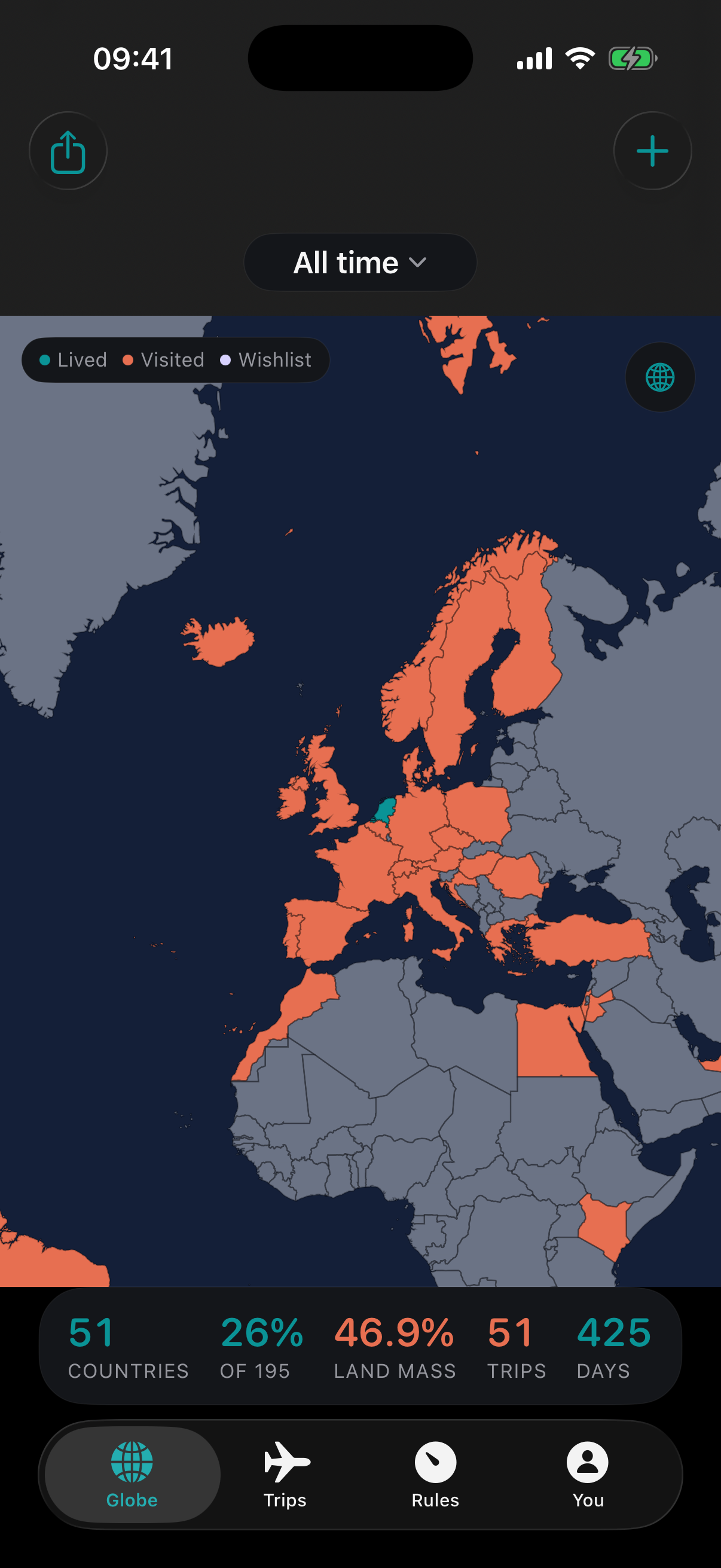 Passage flat atlas highlighting visited countries across Europe and nearby regions.