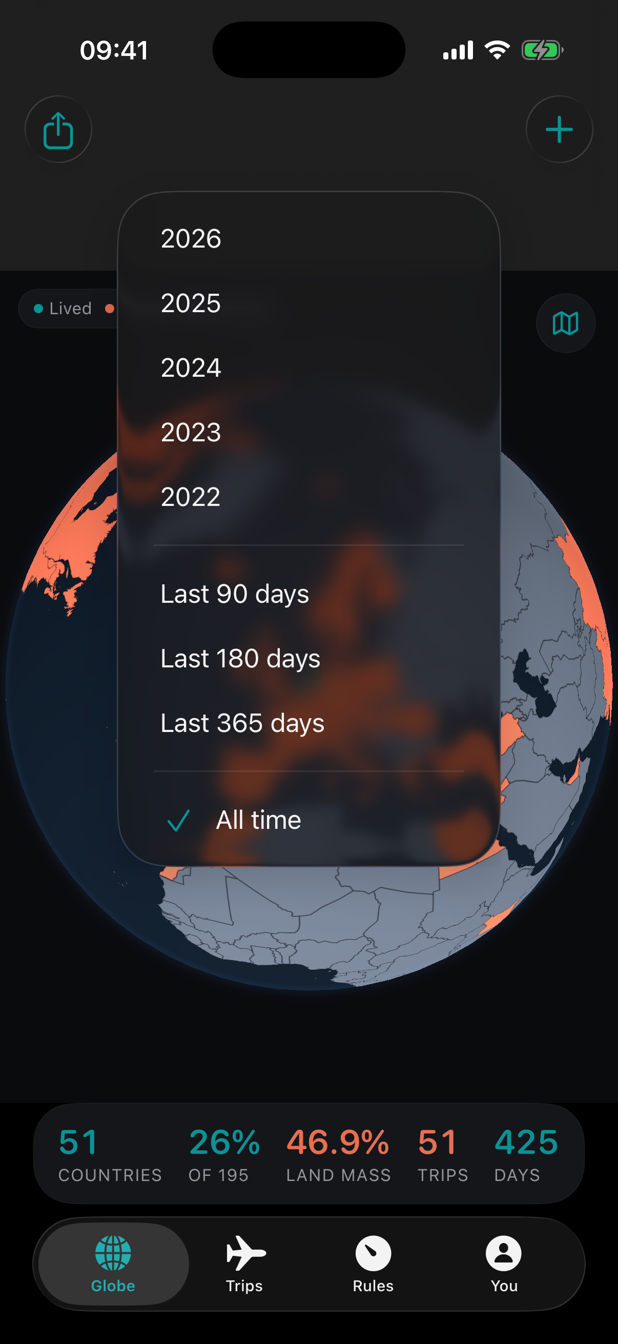 Passage globe period menu with yearly, rolling, and all-time travel filters.