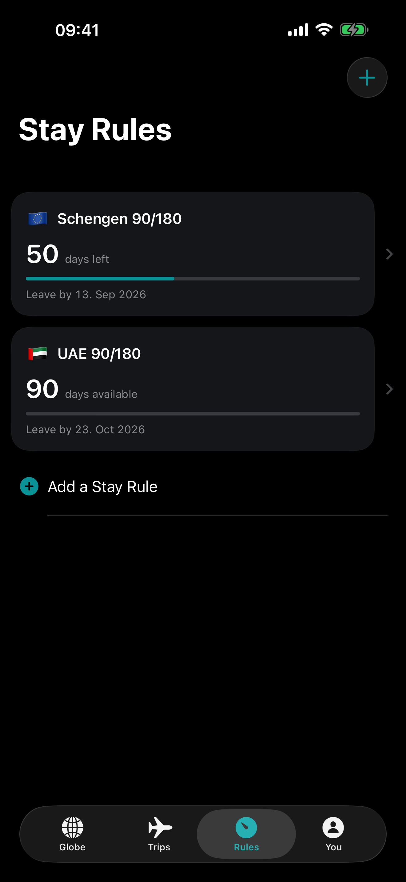 Passage Stay Rules list showing remaining-day balances, progress bars, and leave-by dates.