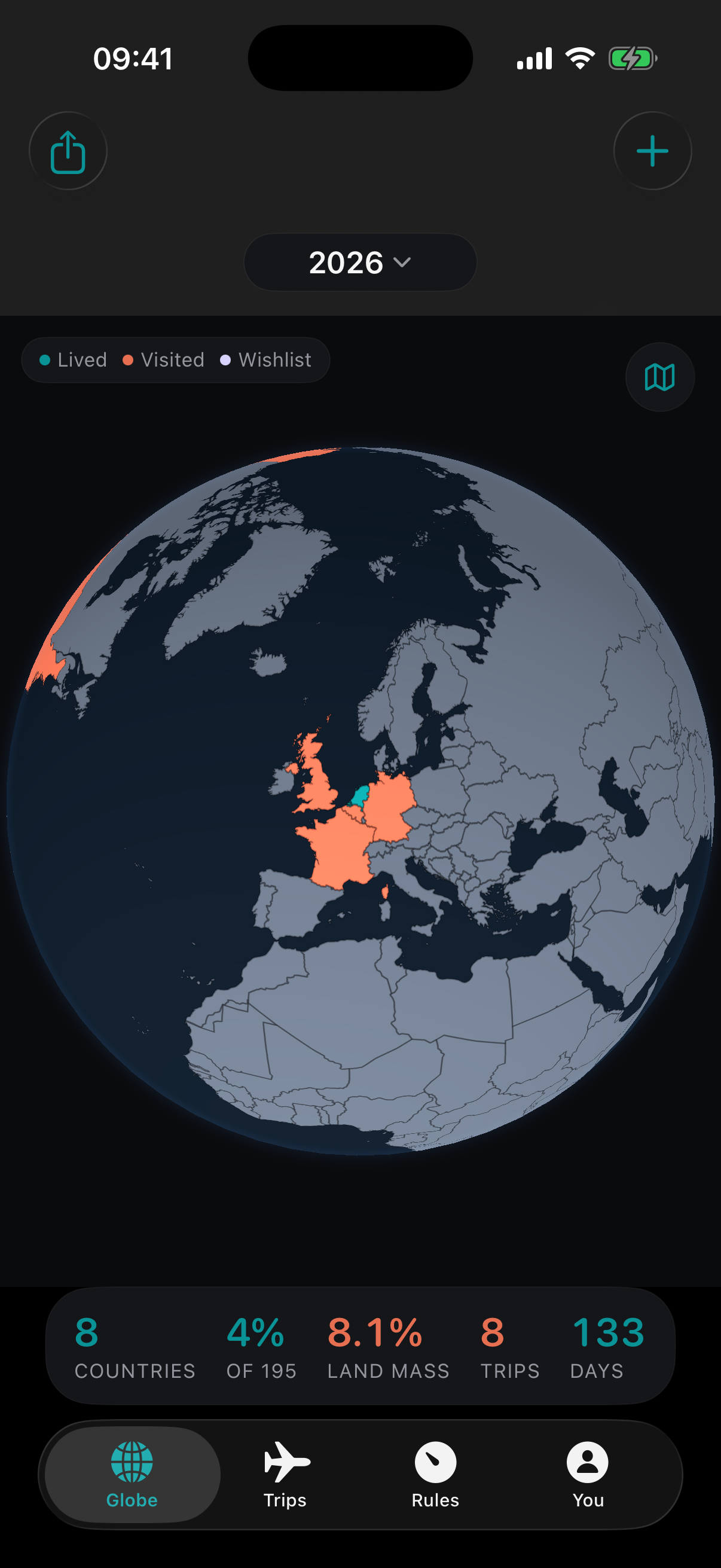 Passage globe filtered to travel recorded during 2026.