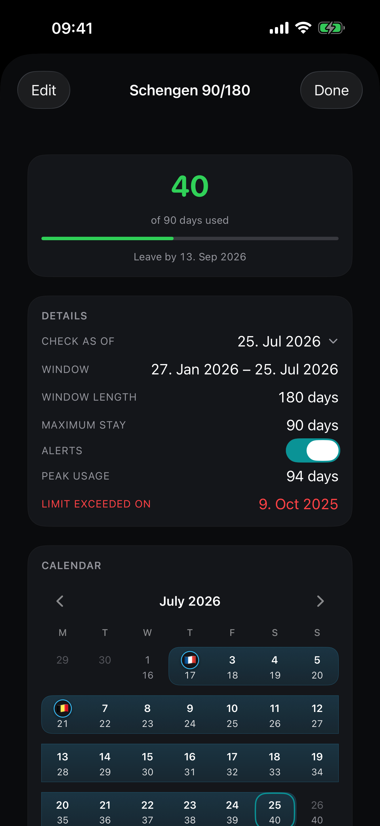 Passage rule detail with stay calendar showing per-day rolling balances and stay spans.