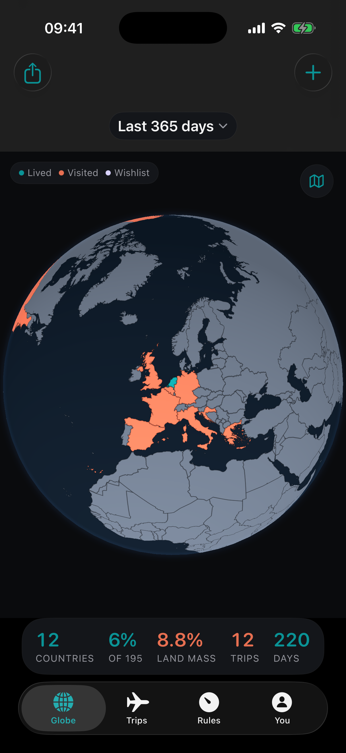 Passage globe showing countries visited during the last 365 days.