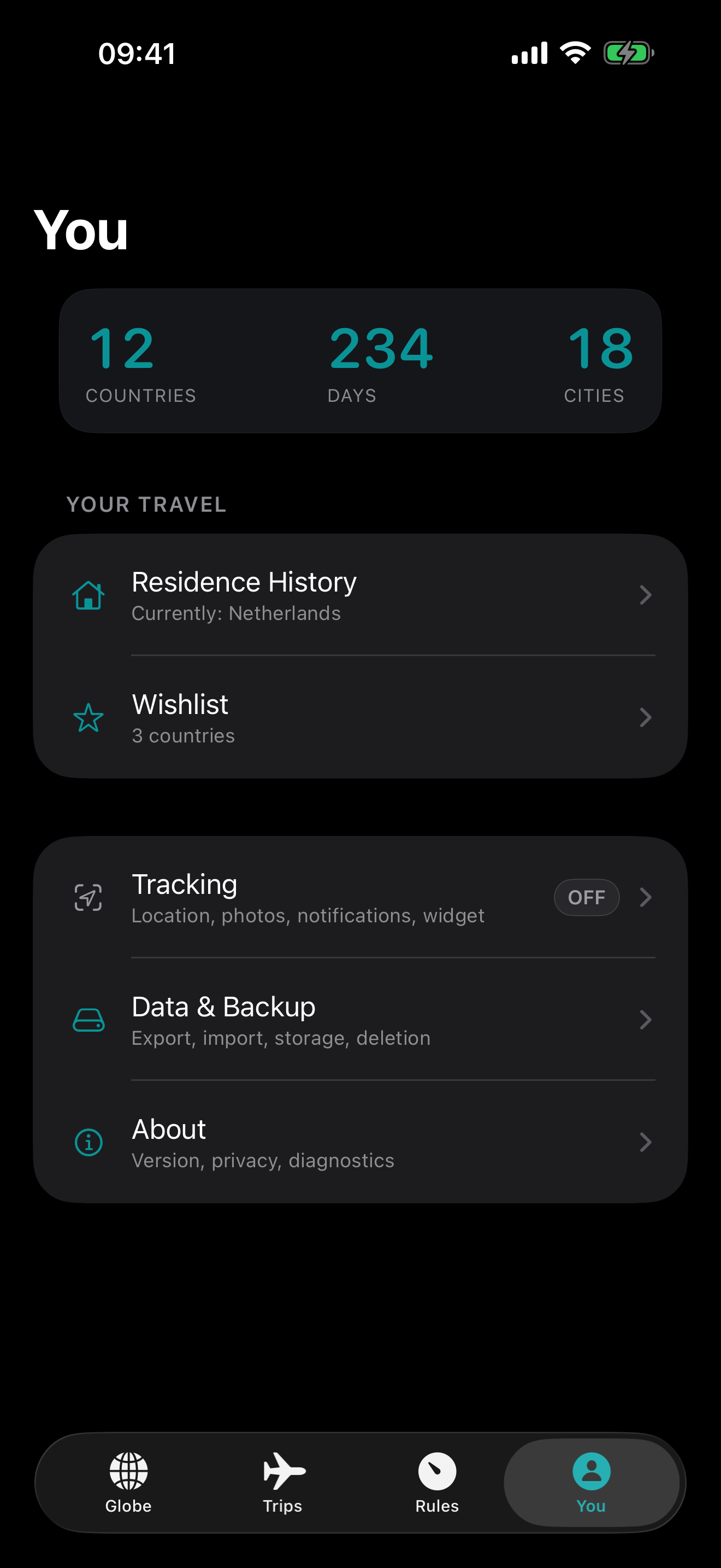 Passage You tab with lifetime travel stats and calm controls for tracking, data, and privacy.