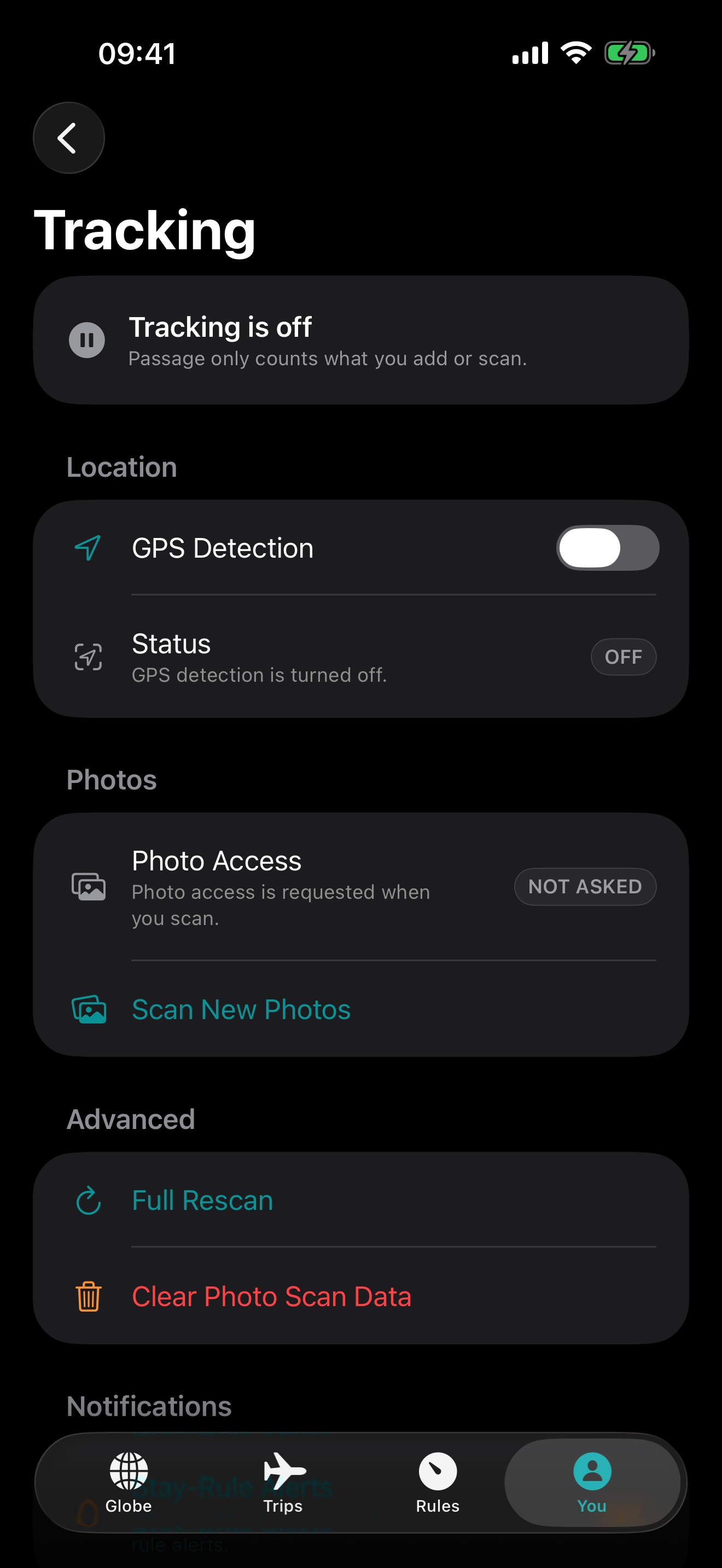 Passage Tracking screen showing location, photo, notification, and widget health at a glance.