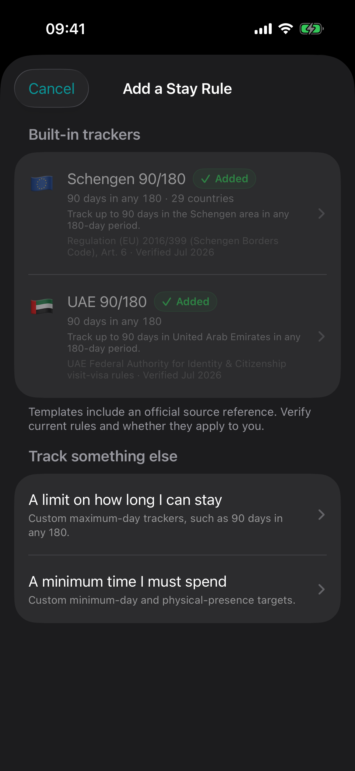 Passage Add a Stay Rule screen with referenced built-in trackers and custom options.