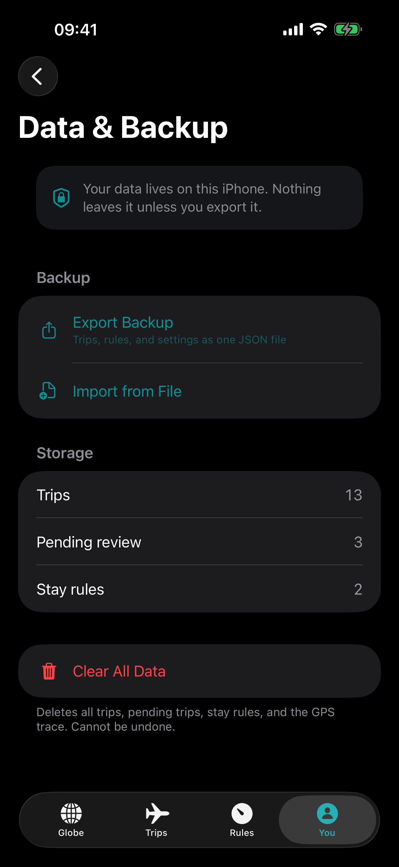 Passage Data and Backup screen: your data lives on this iPhone, with export, import, and storage counts.
