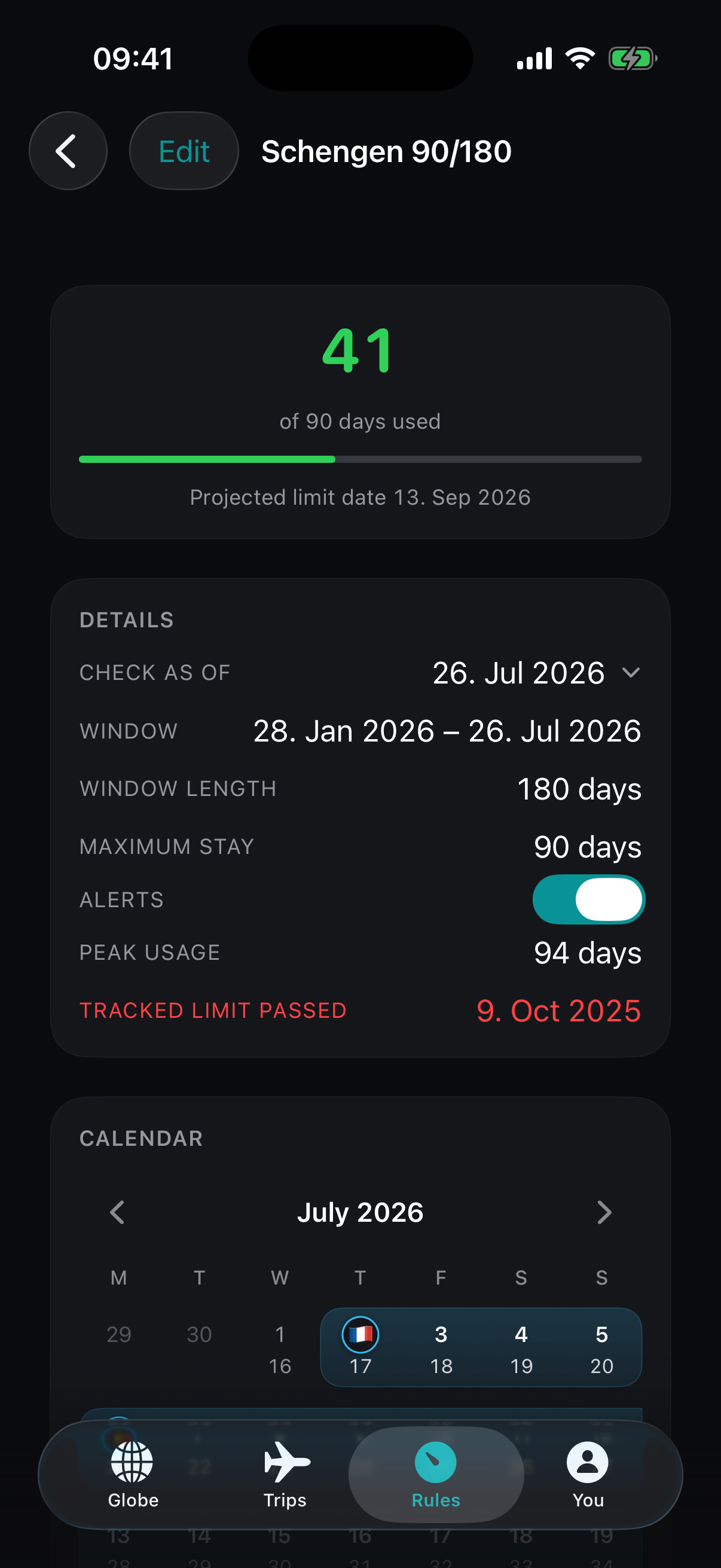 Passage Schengen tracker showing projected usage, window details, and calendar.