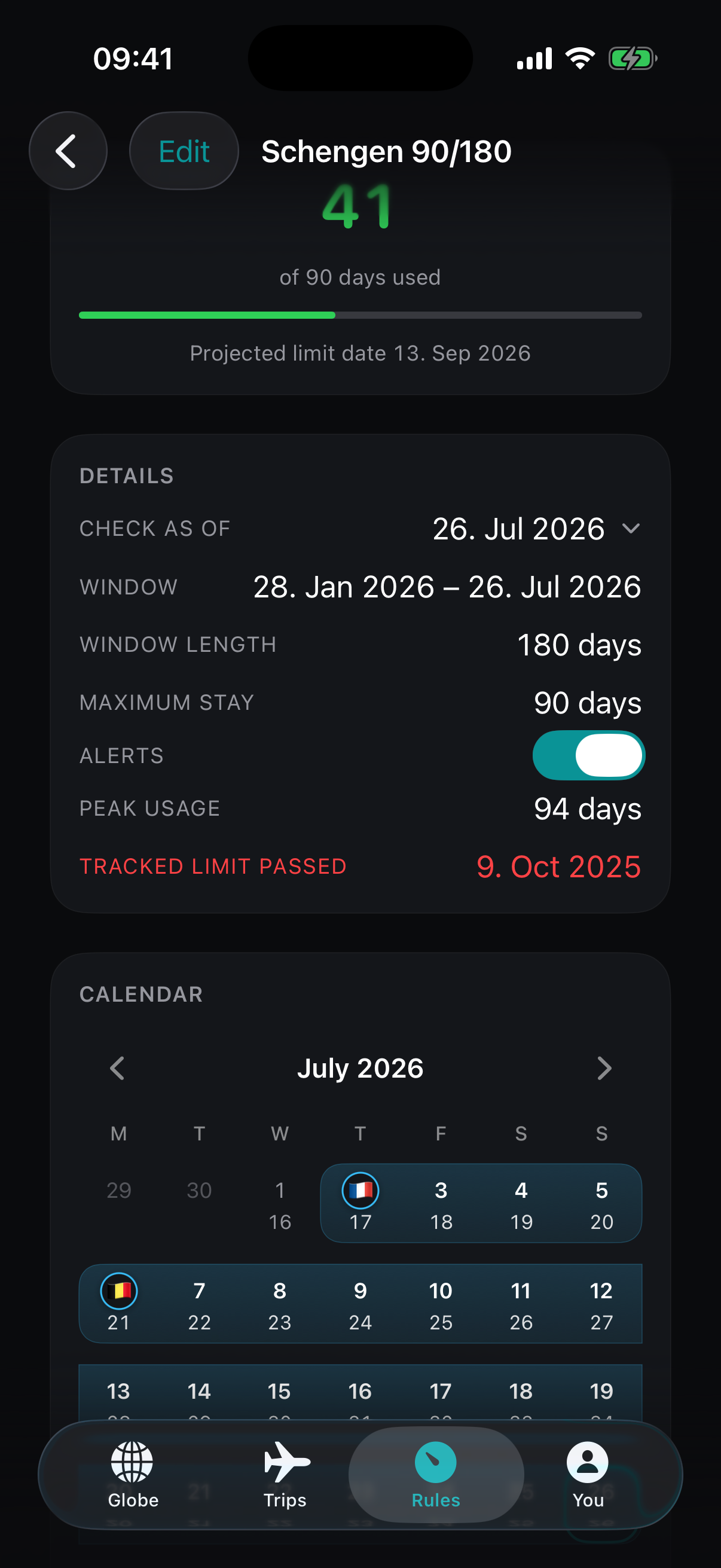 Passage stay-rule overview with rolling balance and highlighted calendar spans.