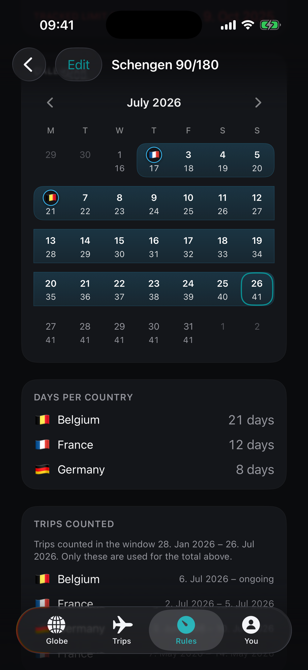 Passage stay calendar showing rolling daily balances, counted countries, and included trips.