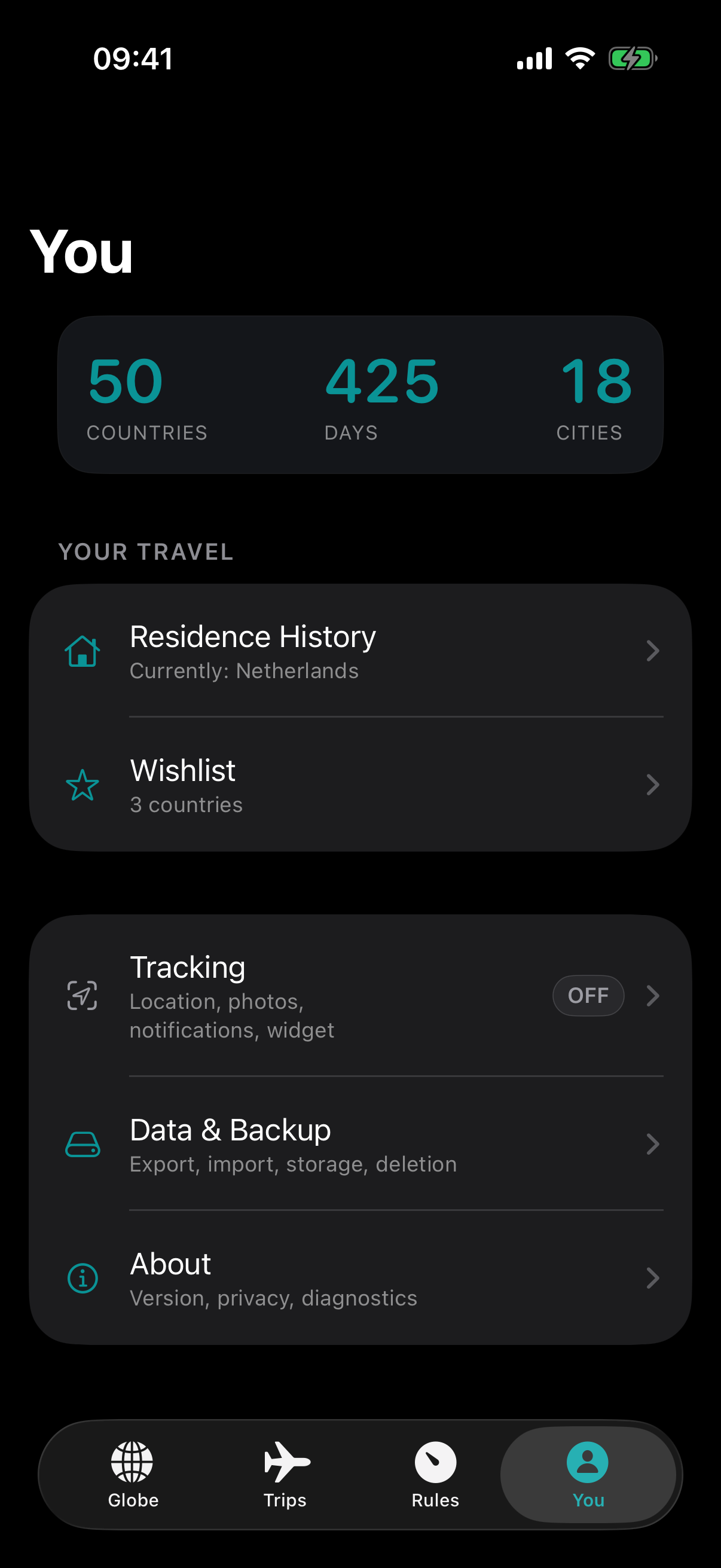 Passage You tab with lifetime travel totals and private data controls.